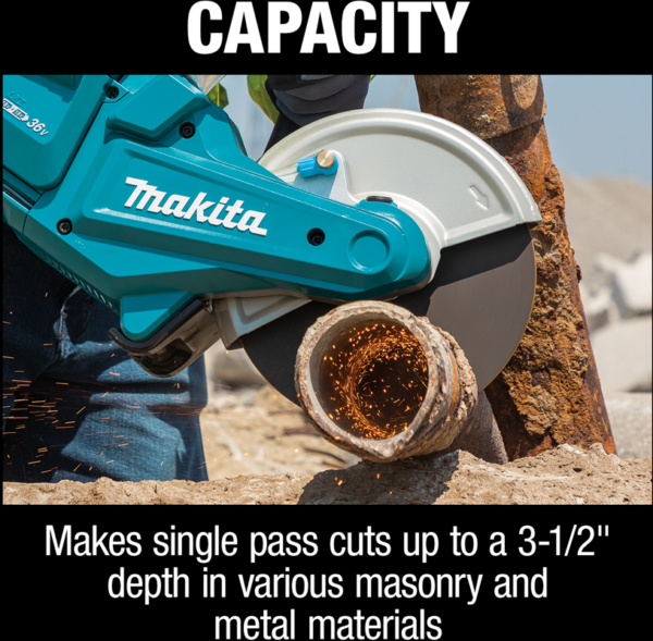 makita-XEC01-capacity-cutting-3in-steel-pipe makita-xec01-capacity-cutting-3in-steel-pipe - XEC01PT1 36V (18V X2) LXT Brushless 9" Power Cutter Kit with AFT and Electric Brake - includes 4 Batteries (5.0 Ah)