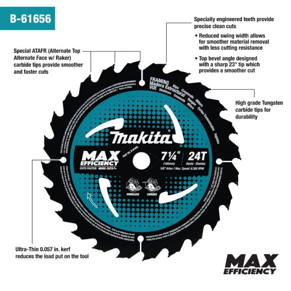 makita-b61656-details B-61656 -10 7 1/4in 24T Carbide Tipped Circular Saw Blade For Framing, 10/pk product image