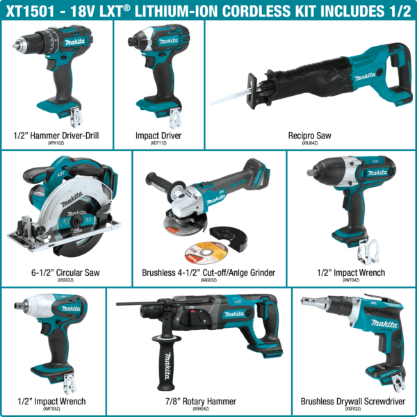 Makita XT1501 18V LXT Lithium‑Ion Cordless 15‑Pc. Combo Kit [3.0Ah]  Heyden Supply