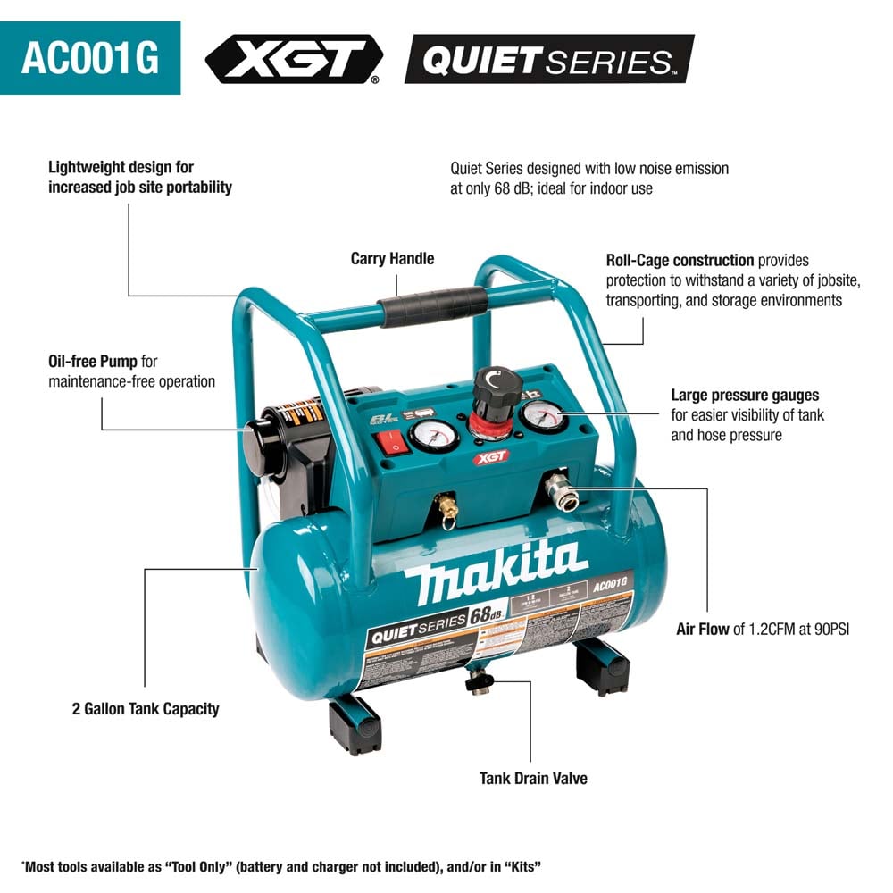 Tool Only] Makita AC001GZ 40V Max XGT Brushless 2 Gallon Quiet Series Compressor - Heyden Supply