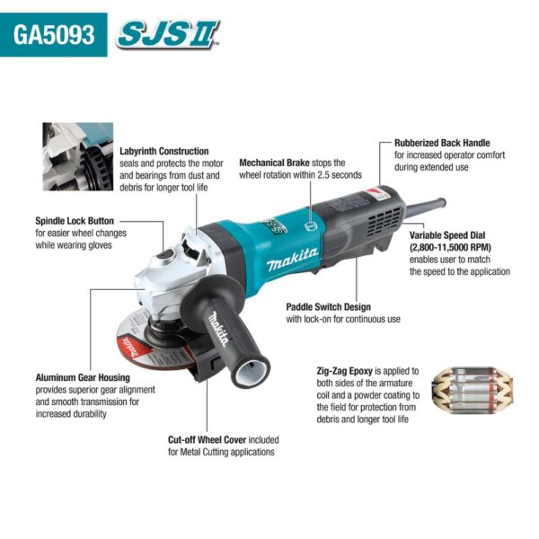 248a8976-8b4b-41a1-b9e3-606d3eacaba4_ga5093_fc_1500px GA5093 5" SJS II High‑Power Angle Grinder, Paddle Switch, w/Brake product image
