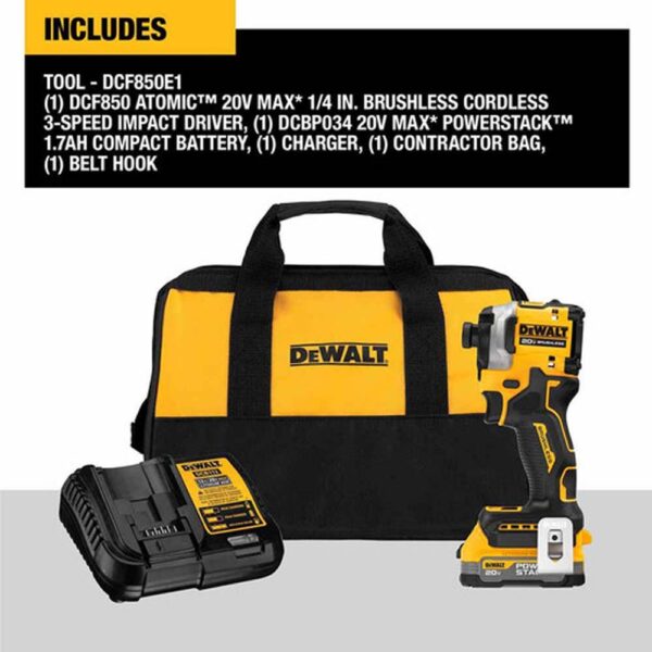 DeWalt-DCF850E1_04 Dewalt DCF850E1 20V Max Atomic Brushless Cordless 3-Speed 1/4" Impact Driver Kit with Powerstack Battery product image