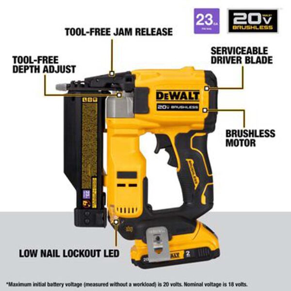 dewalt-atomic-compact-series-20v-max-pin-nailer-23-gauge-kit-dcn623d1-detail-view-12 Dewalt DCN623D1 Atomic Compact Series 20V Max Brushless Cordless 23 Ga. Pin Nailer Kit product image