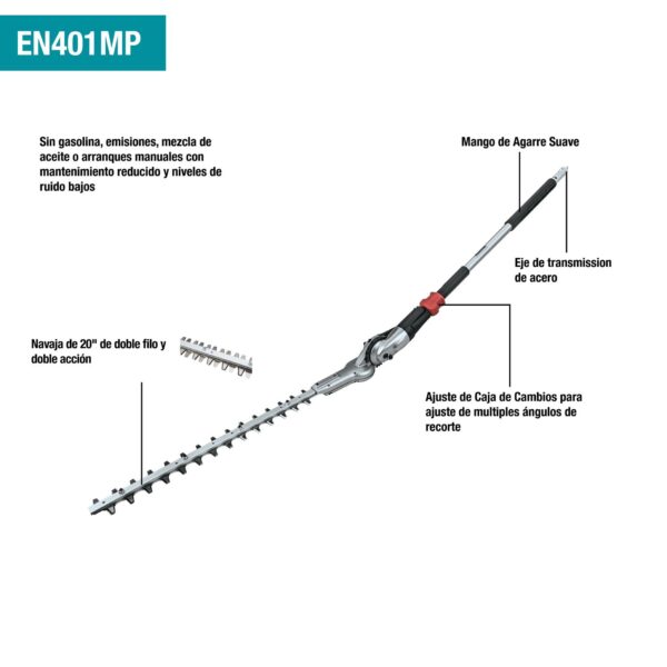 Makita EN401MP Feature Shot (spanish call-outs) EN401MP 20" Articulating Hedge Trimmer Couple Shaft Attachment product image