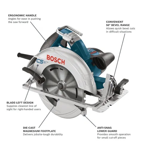 Bosch CS10 7-1/4 in. Circular Saw, 15 Amp, 5,600 RPM, 56° Bevel, 5/8 in Arbor, With Blade, Wrench and Bag product image