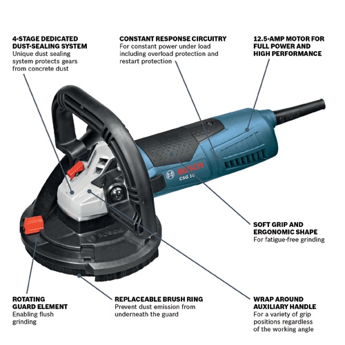 Bosch CSG15 5 in. Concrete Surfacing Grinder, 12.5 Amp, 9,300 RPM, 5/8-11 Spindle, with Dust-Collection Shroud product image