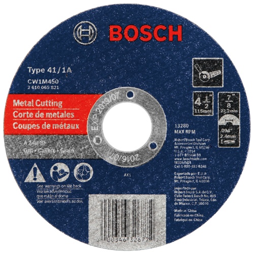 Bosch CW1M450 4-1/2 in x 3/32 in x 7/8 in Arbor Type 1A (ISO 41) 24 Grit Metal Cutting Abrasive Wheel product image