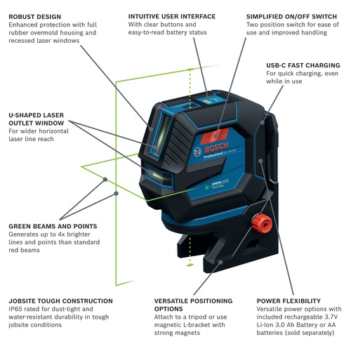 Bosch GCL165-42GL 3.7V Green-Beam Self-Leveling Cross-Line Laser with Plumb Points, Li-Ion Battery product image