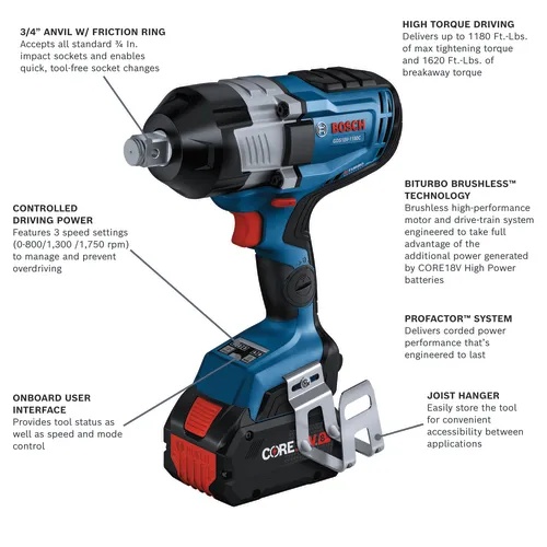 Bosch GDS18V-1180CB28 PROFACTOR 18V Connected-Ready 3/4 in High Torque Impact Wrench Kit, Friction Ring/Thru-Hole, (2) CORE18V 8 Ah Batteries product image