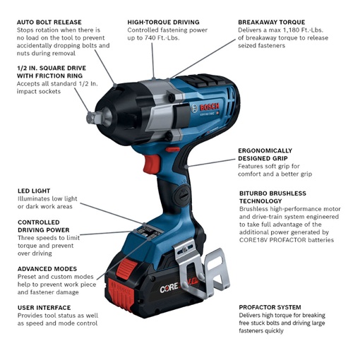 Bosch GDS18V-740CB14 PROFACTOR 18V Connected 1/2 in. Impact Wrench Kit, Friction Ring, CORE18V 8 Ah Battery, Charger, Bag product image