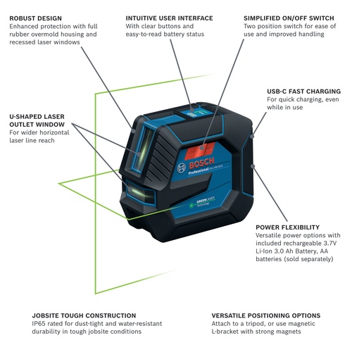 Bosch GLL100-42GL 3.7V Green-Beam Self-Leveling Cross-Line Laser with Li-Ion Battery, 100 ft Range, IP65 product image