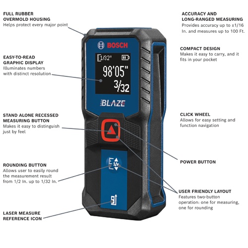 Bosch GLM100-23 BLAZE 100 Ft. Laser Measure, +/- 1/16 in Accuracy, Red Laser, 2 AAA Batteries product image