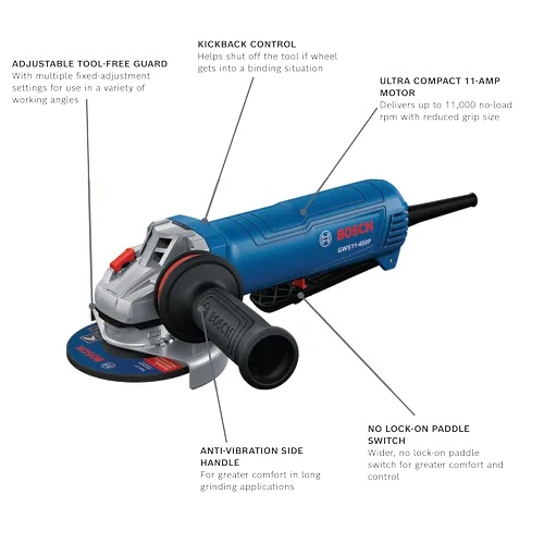 Bosch GWS11-450P 4-1/2 in. Ergonomic Angle Grinder, 11-Amp, 11,000 RPM, Lock-On Paddle Switch product image