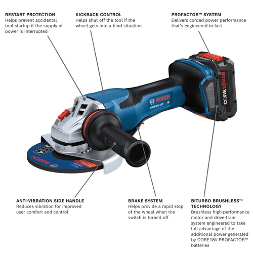 Bosch GWS18V-13PB14 PROFACTOR 18V 5–6 in. Angle Grinder, No Lock-On Paddle Switch, with (1) CORE18V 8 Ah Battery product image