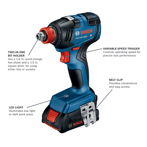Bosch GXL18V-240B22 18V 2-Tool Combo Kit: 1/2 in Hammer Drill/Driver, Two-In-One 1/4 in and 1/2 in Impact Driver/Wrench, (2) 2 Ah Batteries, Charger, Bag product image