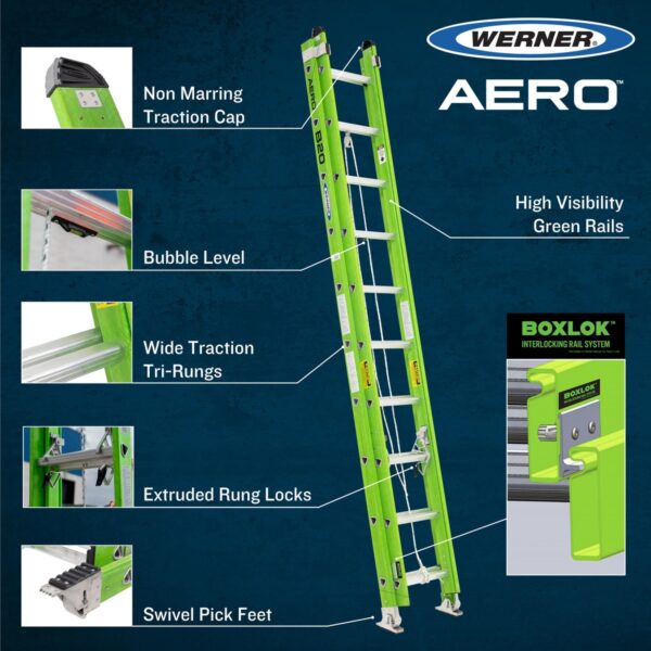 Werner B7116-2 16ft AERO Type IAA Fiberglass Box Rail/Tri-Rung Extension Ladder, Safety-Green product image