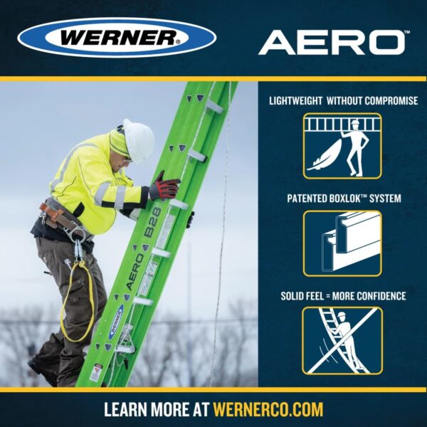 Werner B7124-2 24ft AERO Type IAA Fiberglass Box Rail/Tri-Rung Extension Ladder, Safety Green product image