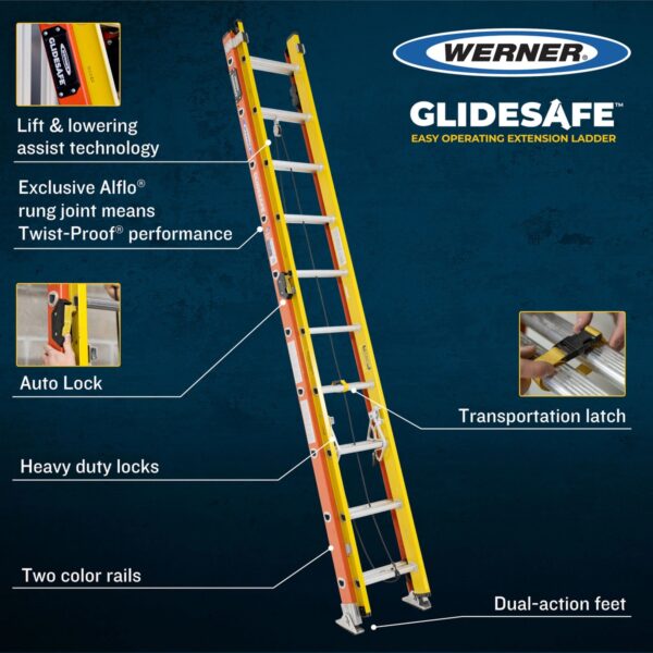 Werner T6224-2GS GLIDESAFE Type IA Fiberglass Tri-Rung Extension Ladder, 24 ft, 300 lb Duty Rating product image