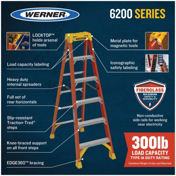 Werner 6208 8ft Type IA Fiberglass Step Ladder, Single-Sided, Orange product image