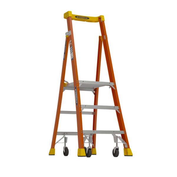 Werner PD6203-4C 9ft Reach Fiberglass Podium Ladder, 3ft Platform Height, Type IA, Factory-Installed Casters product image