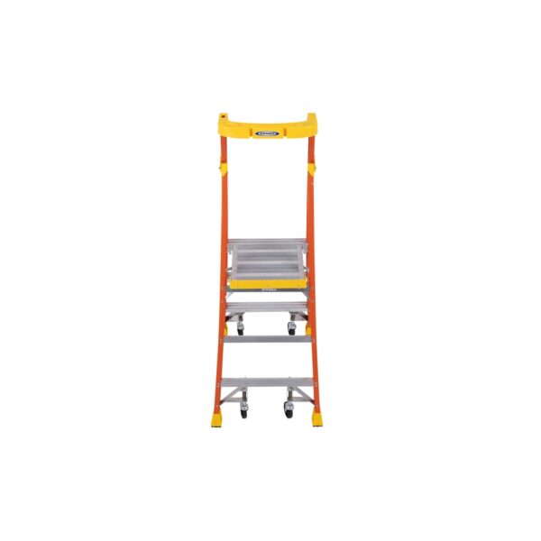 Werner PD6203-4C 9ft Reach Fiberglass Podium Ladder, 3ft Platform Height, Type IA, Factory-Installed Casters product image