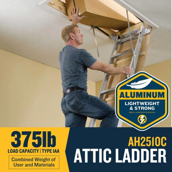 Werner AH2510C Aluminum Attic Ladder, 25 in x 54 in Opening, 8 ft?10 ft Ceiling, 375 lb Load product image