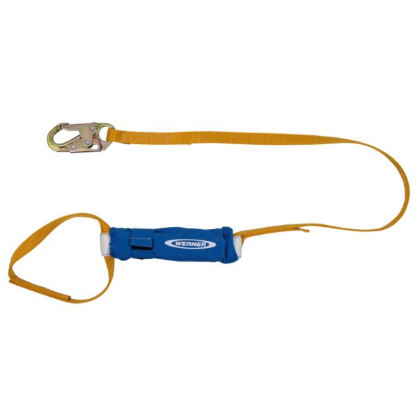 Werner C313100 6ft DeCoil Single Leg Lanyard, DCELL Shock Pack, 1 in Web, Loop to Snap Hook product image
