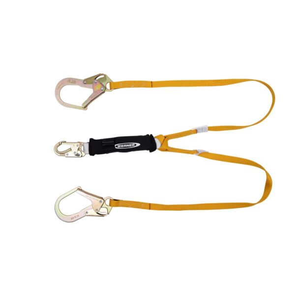 Werner C411220 TwinLeg Free Fall Lanyard, 12 ft Free Fall/400 lb (6 ft Free Fall), Snap & Rebar Hooks, Yellow product image