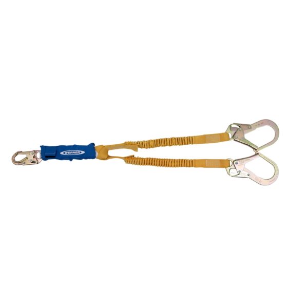 Werner C441200 DeCoil Stretch TwinLeg Lanyard, 6 ft, DCELL Shock Pack, Elastic Web, Snap Hook/Rebar Hook product image