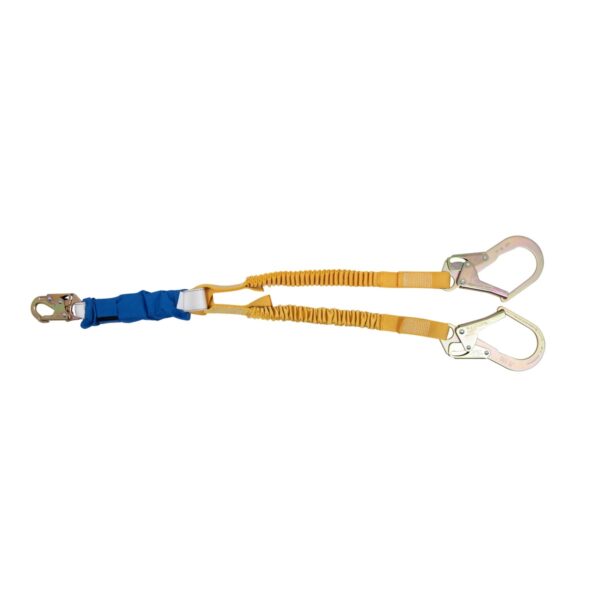 Werner C441200 DeCoil Stretch TwinLeg Lanyard, 6 ft, DCELL Shock Pack, Elastic Web, Snap Hook/Rebar Hook product image