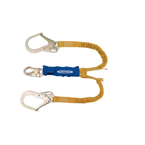 Werner C441200 DeCoil Stretch TwinLeg Lanyard, 6 ft, DCELL Shock Pack, Elastic Web, Snap Hook/Rebar Hook product image