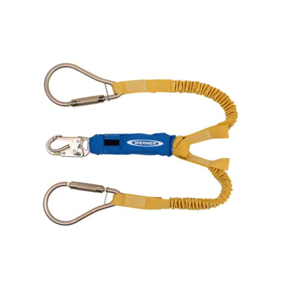 Werner C441400 DeCoil Stretch TwinLeg Lanyard, 6 ft, DCELL Shock Pack, Elastic Web, Snap Hook, Large Carabiner product image