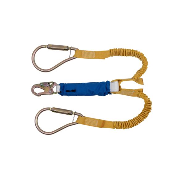 Werner C441400 DeCoil Stretch TwinLeg Lanyard, 6 ft, DCELL Shock Pack, Elastic Web, Snap Hook, Large Carabiner product image