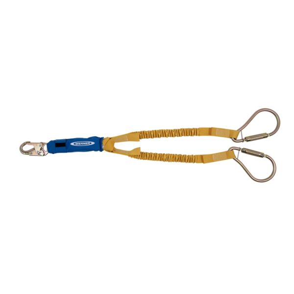 Werner C441400 DeCoil Stretch TwinLeg Lanyard, 6 ft, DCELL Shock Pack, Elastic Web, Snap Hook, Large Carabiner product image