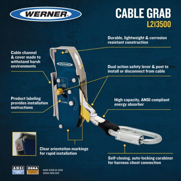 Werner L213500 Cable Grab, Compatible with 3/8 in Solid-Core 1x7 or 7x19 Cable, ANSI Z359.16 product image