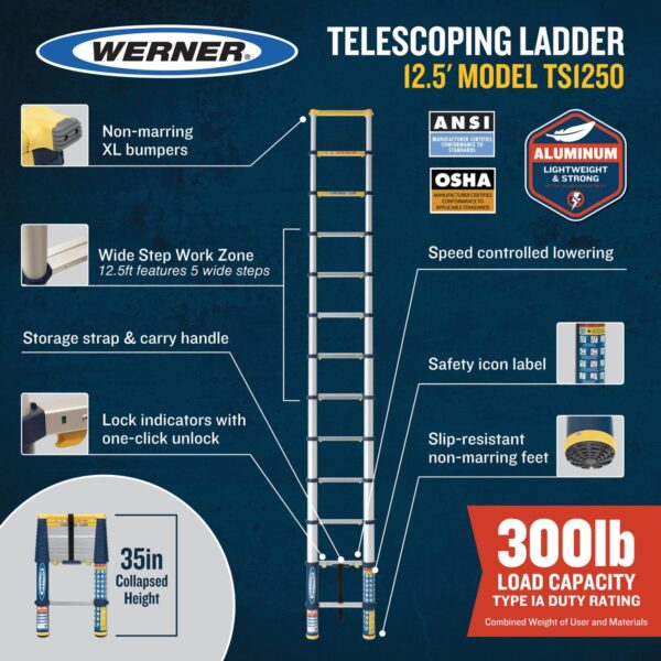 Werner TS1250 Telescoping Ladder Type IA, 12.5 ft, Blue/Yellow product image