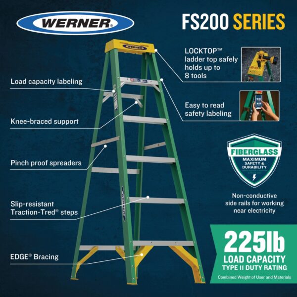 Werner FS206 6ft Type II Fiberglass Step Ladder, 225 lb Load, Green, 10 ft 4 in Max Reach product image