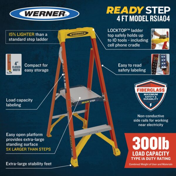 Werner RS1A04 READY STEP 4 ft Type IA Fiberglass Step Ladder, 300 lb Load, 8 ft 5 in Max Reach product image