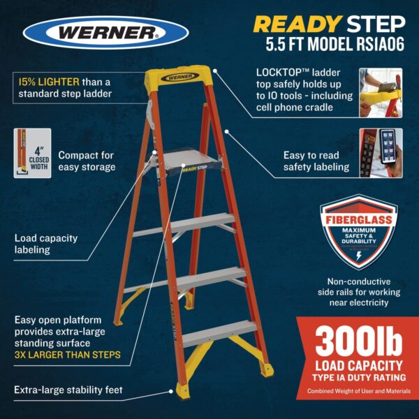 Werner RS1A06 READY STEP 5.5 ft Type IA Fiberglass Step Ladder, 300 lb Load Capacity product image